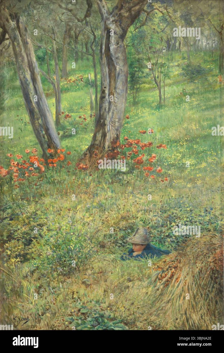 Dieses Aquarell mit Bodycolor-Malerei von Giovanni Battista Costa (1823–1893) zeigt ein Waldversteck. Das Kunstwerk betont die natürliche Waldlandschaft mit detailliertem Laub und einer abgeschiedenen Atmosphäre, die charakteristisch für die italienische Landschaftsmalerei aus dem 19. Jahrhundert ist. Stockfoto