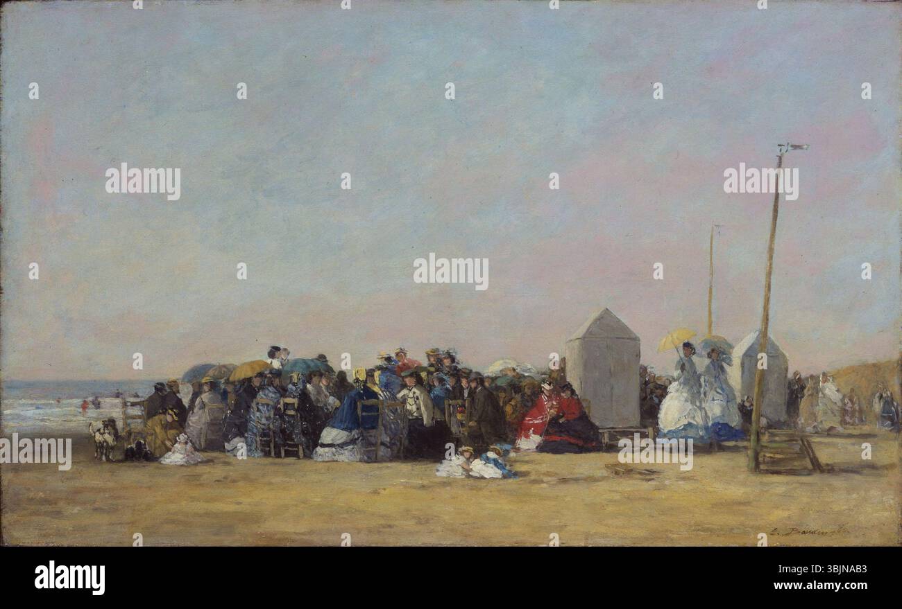 Eugène Louis Boudins „The Beach, Trouville“ (1865) fängt die lebhafte Atmosphäre der französischen Küste ein, mit Figuren, die am Strand entlang laufen und das Licht des Meeres reflektiert vom Wasser. Boudins Beherrschung von Licht und Farbe wird in den subtilen, aber lebendigen Tönen deutlich. Stockfoto