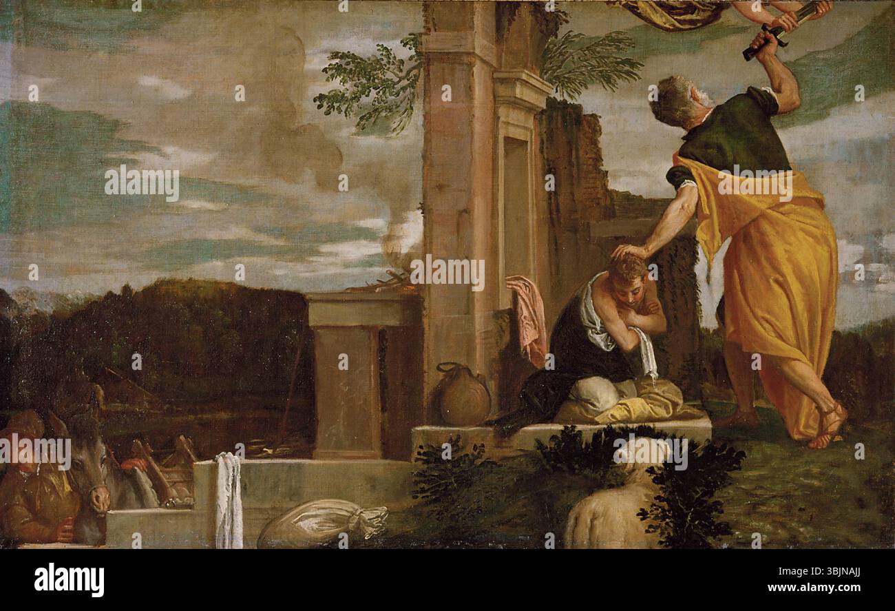 „Das Opfer des Isaak“ (1588) von Paolo Veronese und seiner Werkstatt zeigt die biblische Szene, in der Abraham sich darauf vorbereitet, seinen Sohn Isaak zu opfern. Das Öl-auf-Leinwand-Gemälde zeigt den dramatischen Moment mit intensivem emotionalem Ausdruck und komplizierten Details, ein Markenzeichen von Veroneses Werk während der Spätrenaissance. Stockfoto