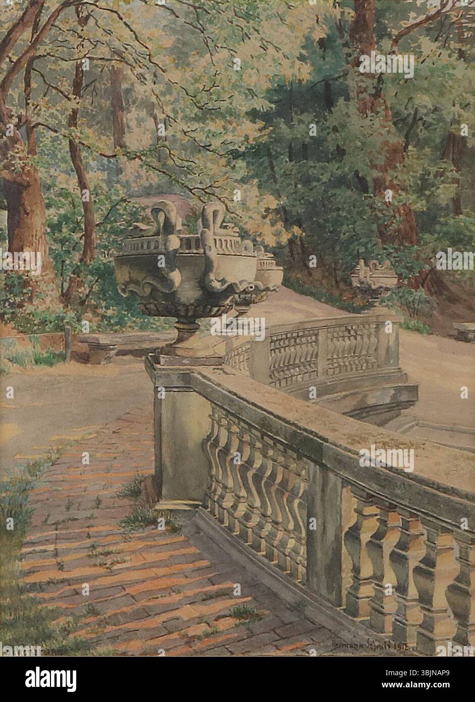 *Im Schönbrunner Schloßpark* (1912) von Hermann Schmid ist ein Aquarell auf Papier, das den Schlosspark Schönbrunn in Wien zeigt. Das Gemälde fängt das üppige Grün, die formellen Gärten und die architektonischen Elemente des Palastgeländes ein. Stockfoto
