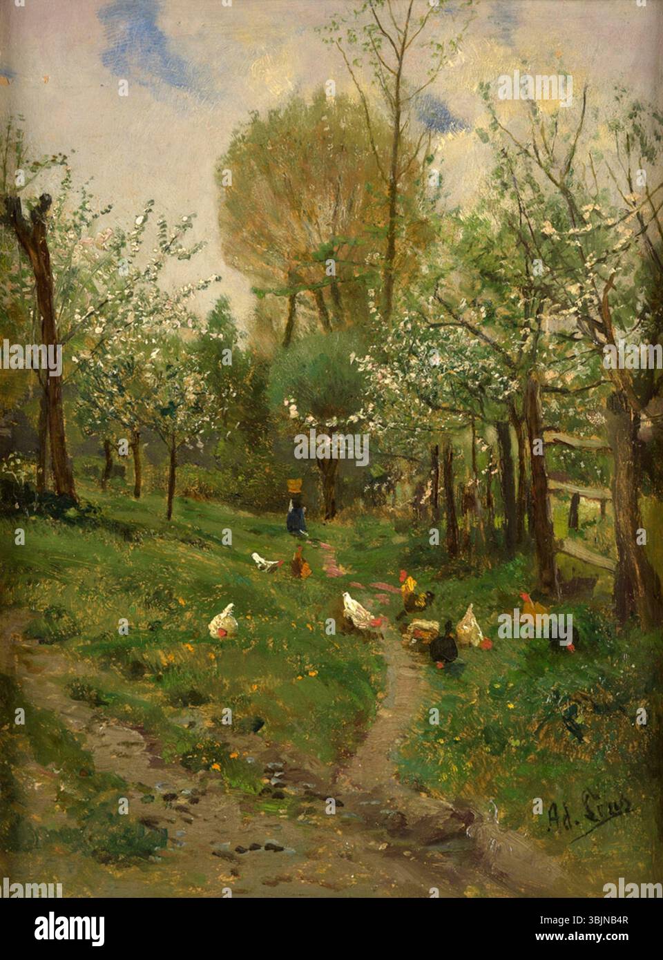 „Apfelblüte im Hessischen“ von Adolf Lins (1856–1927) ist ein Ölgemälde mit Apfelblüten in Hessen. Das Werk, signiert von der Künstlerin, fängt die heitere Schönheit des Frühlings auf dem Land ein. Stockfoto