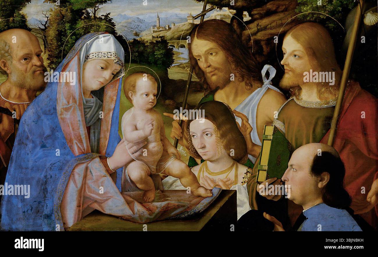 Andrea Previtali's *hl. Familie mit Johannes dem Täufer, Jakobus dem Älterem und zwei Stiftern* (um 1508) zeigt die Heilige Familie mit Johannes dem Täufer und Jakobus dem Älteren. Das Gemälde reflektiert die religiösen Themen der Zeit. Stockfoto Andrea Previtali's *hl. Familie mit Johannes dem Täufer, Jakobus dem Älterem und zwei Stiftern* (um 1508) zeigt die Heilige Familie mit Johannes dem Täufer und Jakobus dem Älteren. Das Gemälde reflektiert die religiösen Themen der Zeit. Stockfoto