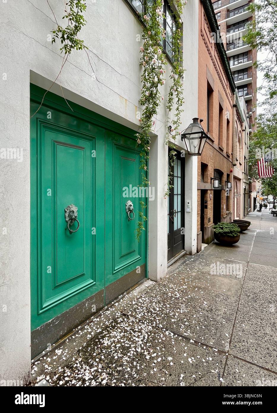 Verzierte Doppeltüren in einem restaurierten Stadthaus an der East #5th Street, Murray Hill, NYC, USA ,2025 - Smartphone-aufgenommenes Stockfoto