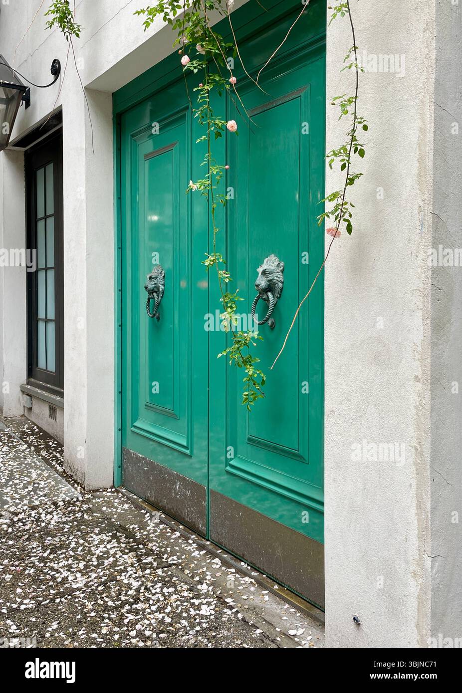 Verzierte Doppeltüren in einem restaurierten Stadthaus an der East #5th Street, Murray Hill, NYC, USA ,2025 - Smartphone-aufgenommenes Stockfoto