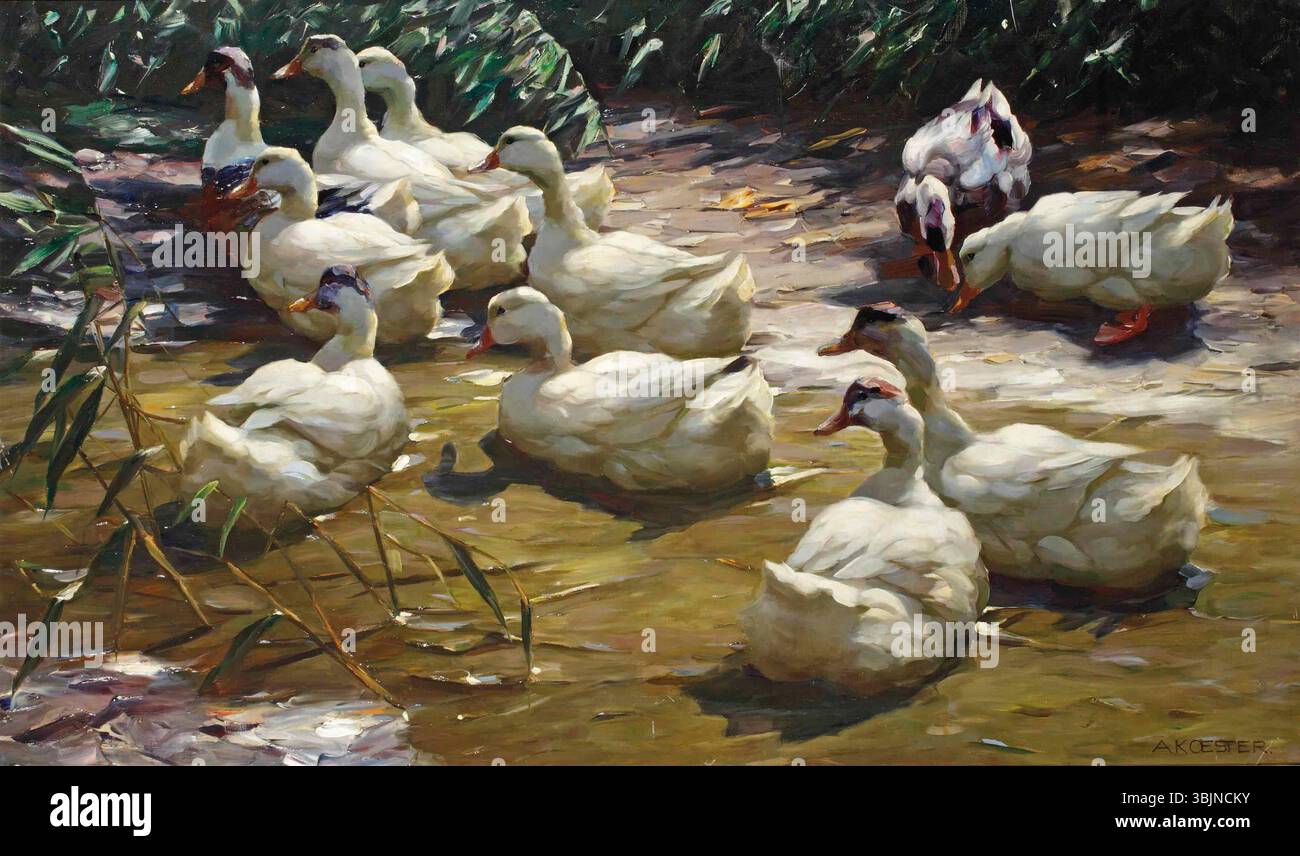 In *Ducks on the Riverbank* hält Alexander Koester einen friedlichen Moment der Enten am Ufer fest. Der deutsche Künstler stellt eine natürliche Vogelszene am Ufer eines ruhigen Gewässers dar. Stockfoto