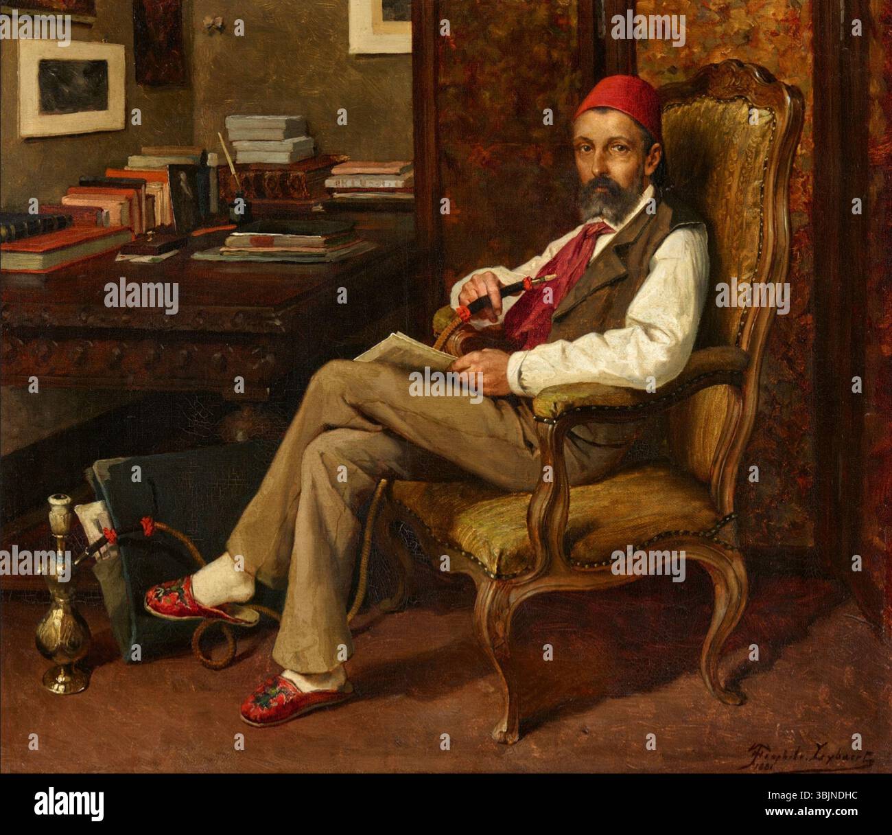 Theophile Lybaerts Ölgemälde „Oriental Gelehrter mit Pfeife“ aus dem Jahr 1881 zeigt einen Gelehrten in traditioneller östlicher Kleidung und betont die detaillierte Darstellung der Kleidung und die kontemplative Natur des Themas. Stockfoto