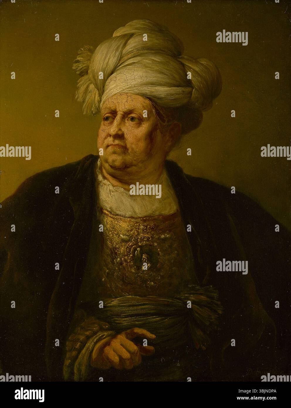 „Man trägt einen Turban“ von Christian Wilhelm Ernst Dietrich (1734–1774) ist ein Porträt, das das Motiv in detaillierter Kleidung einfängt und seine exotische Kopfbedeckung und sein ruhiges Auftreten betont. Stockfoto