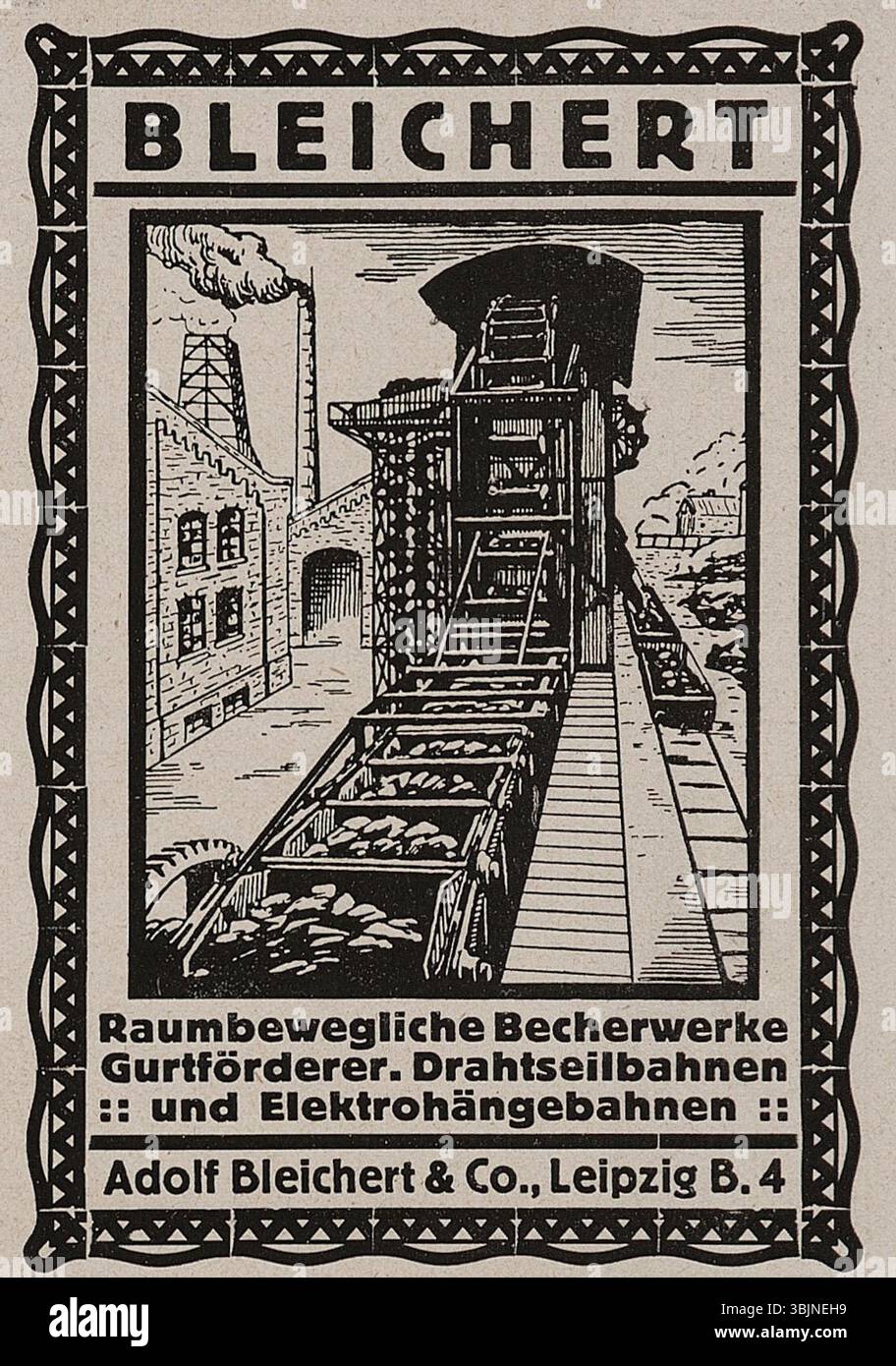 Die Vossische Zeitung im Februar 1919 veröffentlichte eine Werbung für Adolf Bleichert & Co. In der Literaturzeitschrift Jugend, die industrielle Themen in Kunst und Handel thematisierte. Stockfoto