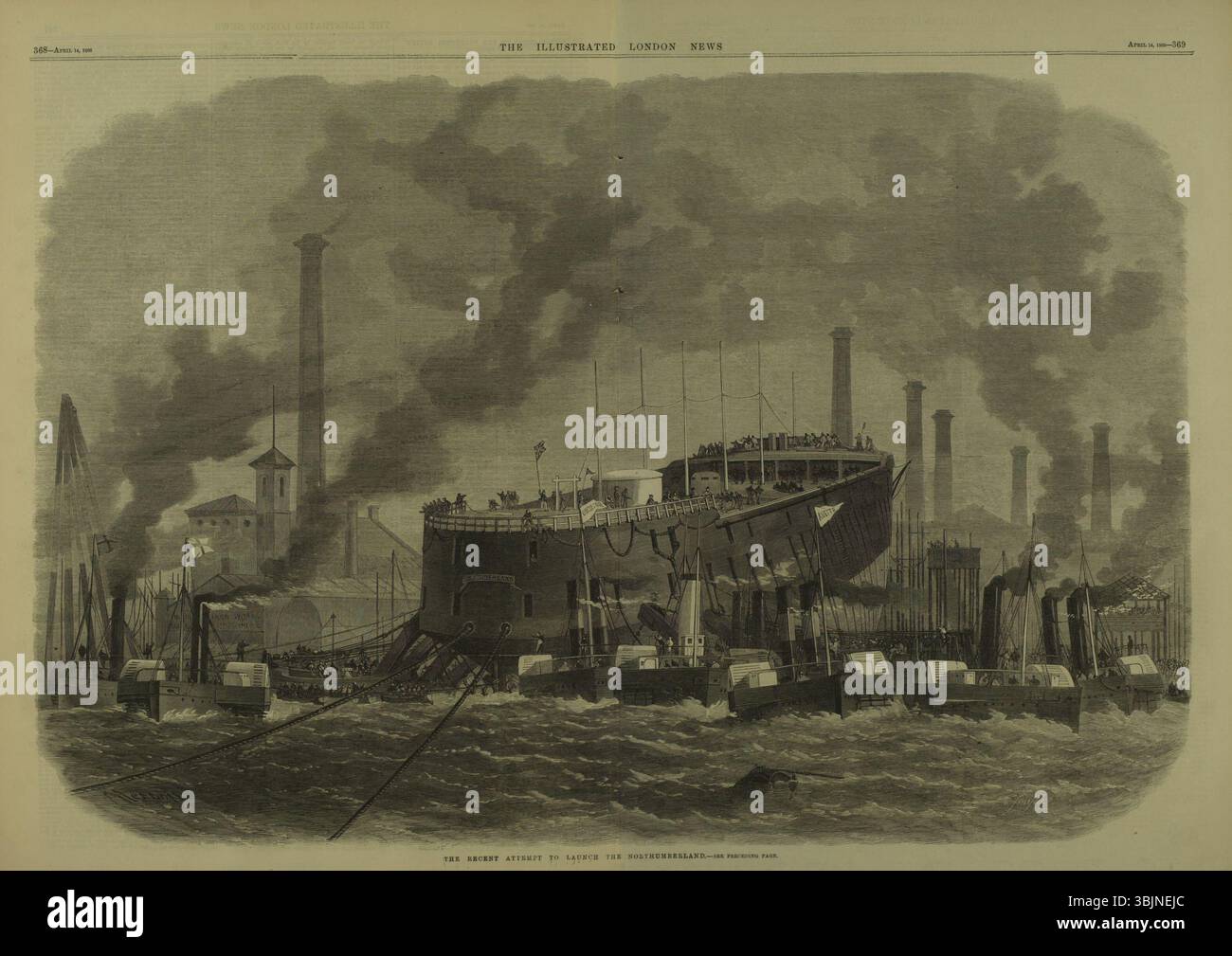 „Der jüngste Versuch, das Northumberland zu starten“ wurde in den Illustrated London News am 14. April 1866 veranschaulicht. Der Holzstich zeigt den großen Salon des Atlantiks, der die technischen Herausforderungen während des Starts des Northumberland unterstreicht. Stockfoto