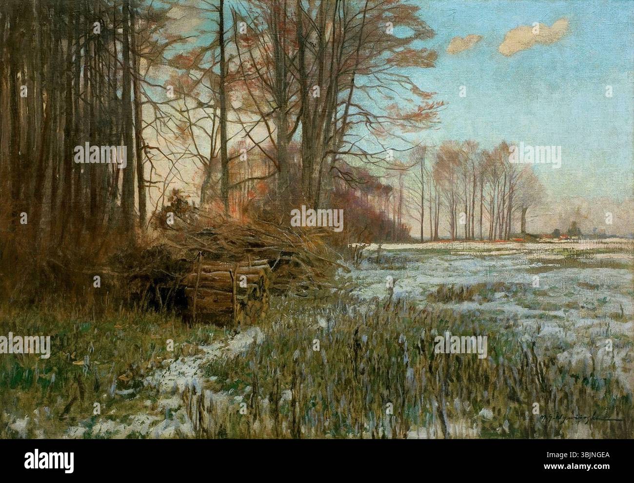 Micha Gorstkin Wywiórski Gemälde „Cold Morning“ um 1900 fängt eine frostige ländliche Landschaft in gedämpften Farben mit Bäumen und offenen Feldern unter hellem Morgenlicht ein. Stockfoto