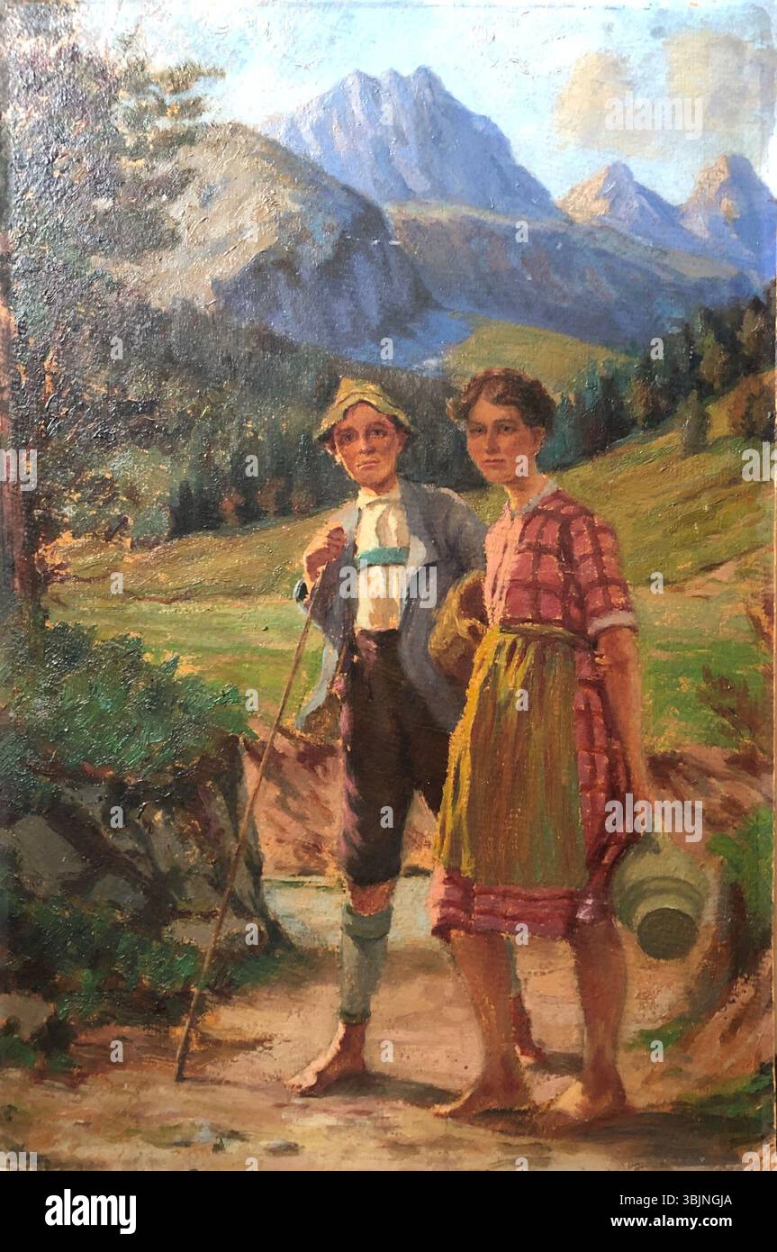 Franz Seraph Haindls „Kinderen in Berglandschap“ aus dem Jahr 1931 zeigt Kinder, die in einer Bergkulisse spielen. Das Gemälde hebt die Unschuld der Kindheit vor dem Hintergrund der natürlichen Schönheit hervor. Stockfoto