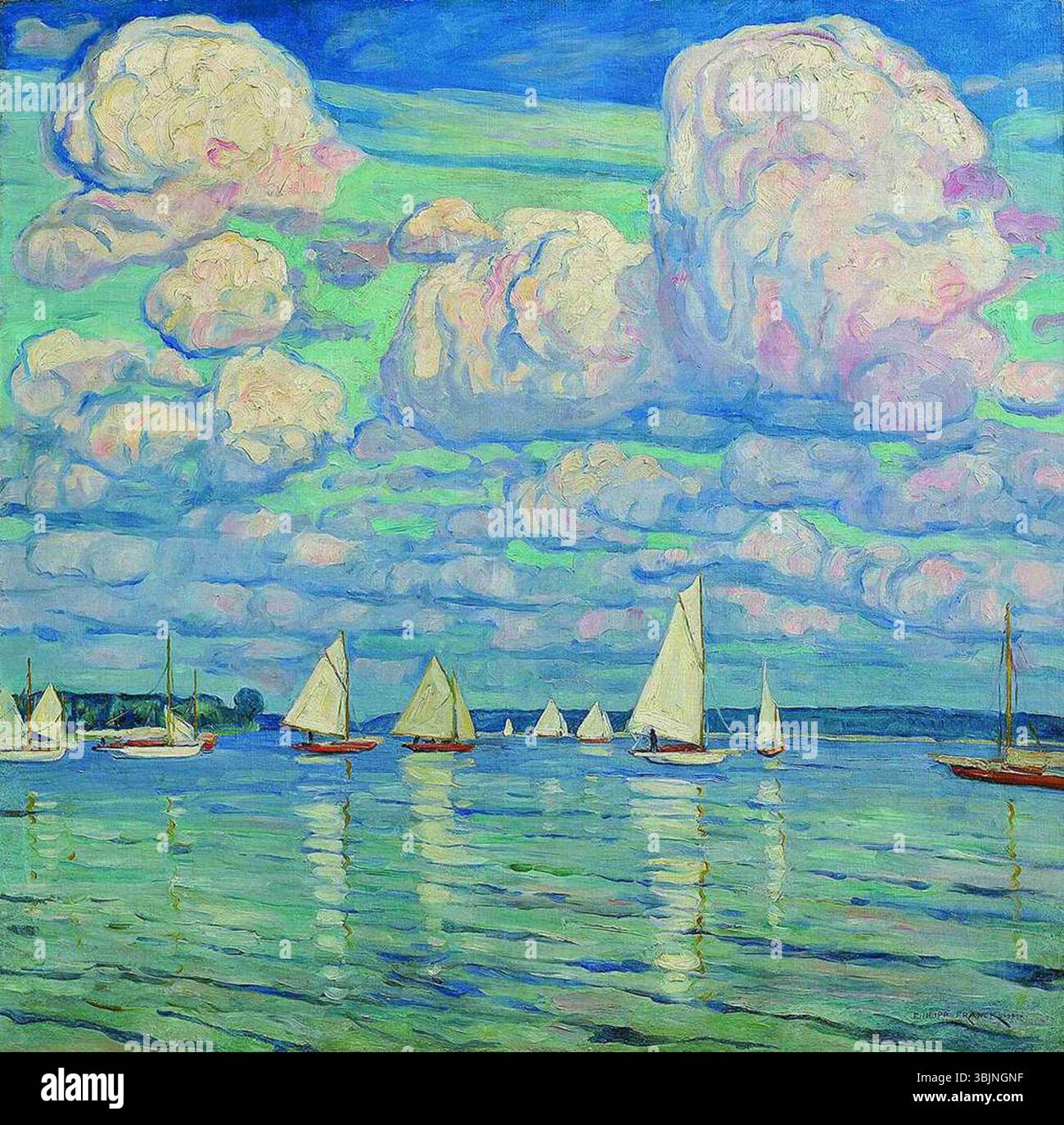 Philipp Francks Gemälde „der Wannsee“ von 1914 fängt eine ruhige Landschaft des Wannsees bei Berlin ein, dargestellt in Öl auf Leinwand. Das Kunstwerk spiegelt Francks Stil der realistischen Landschaftsmalerei wider und betont das ruhige Wasser und die Umgebung. Stockfoto