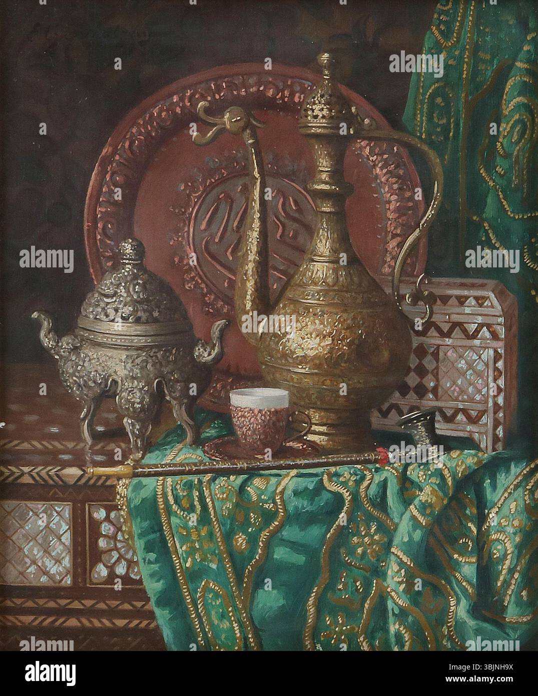 Ölgemälde 'Orientales Stillleben' von Ernst Czernotzky, vor 1939 entstanden. Das signierte Werk auf der Tafel ist 31,5 x 26,5 cm groß und zeigt ornamentale Objekte orientalischer Stilrichtungen. Stockfoto