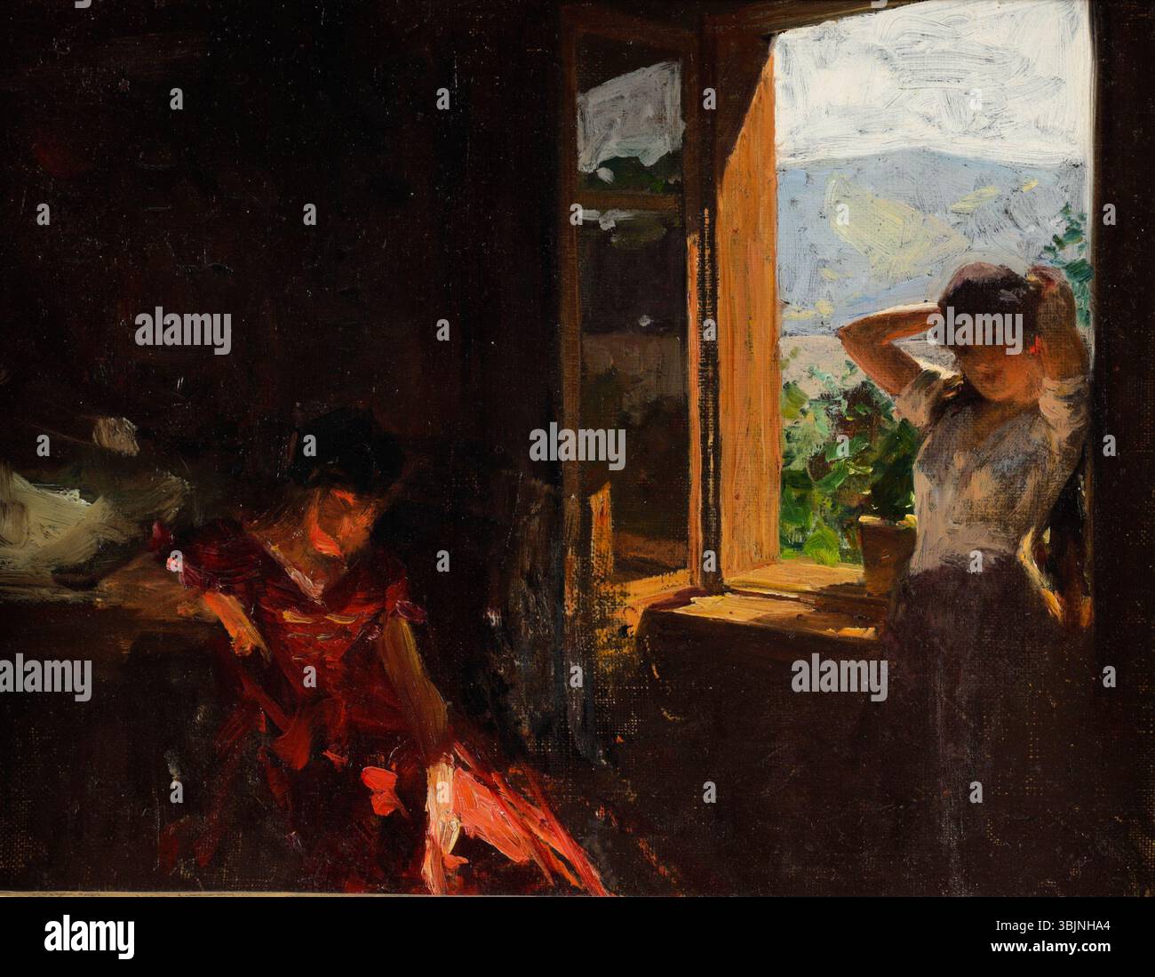 Der nachmittägliche Müßiggang von Albert Ritzberger, vor 1915, zeigt eine gemächliche Nachmittagsszene. Dieses Ölgemälde auf Karton fängt einen ruhigen Moment der Entspannung und Einfachheit ein. Stockfoto