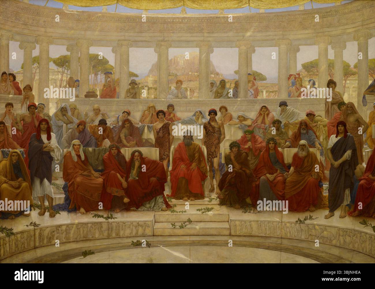 1884 Ölgemälde von William Blake Richmond, das ein Publikum im antiken Athen darstellt, das eine Aufführung von Aeschylus 'Agamemnon' beobachtet. Stockfoto