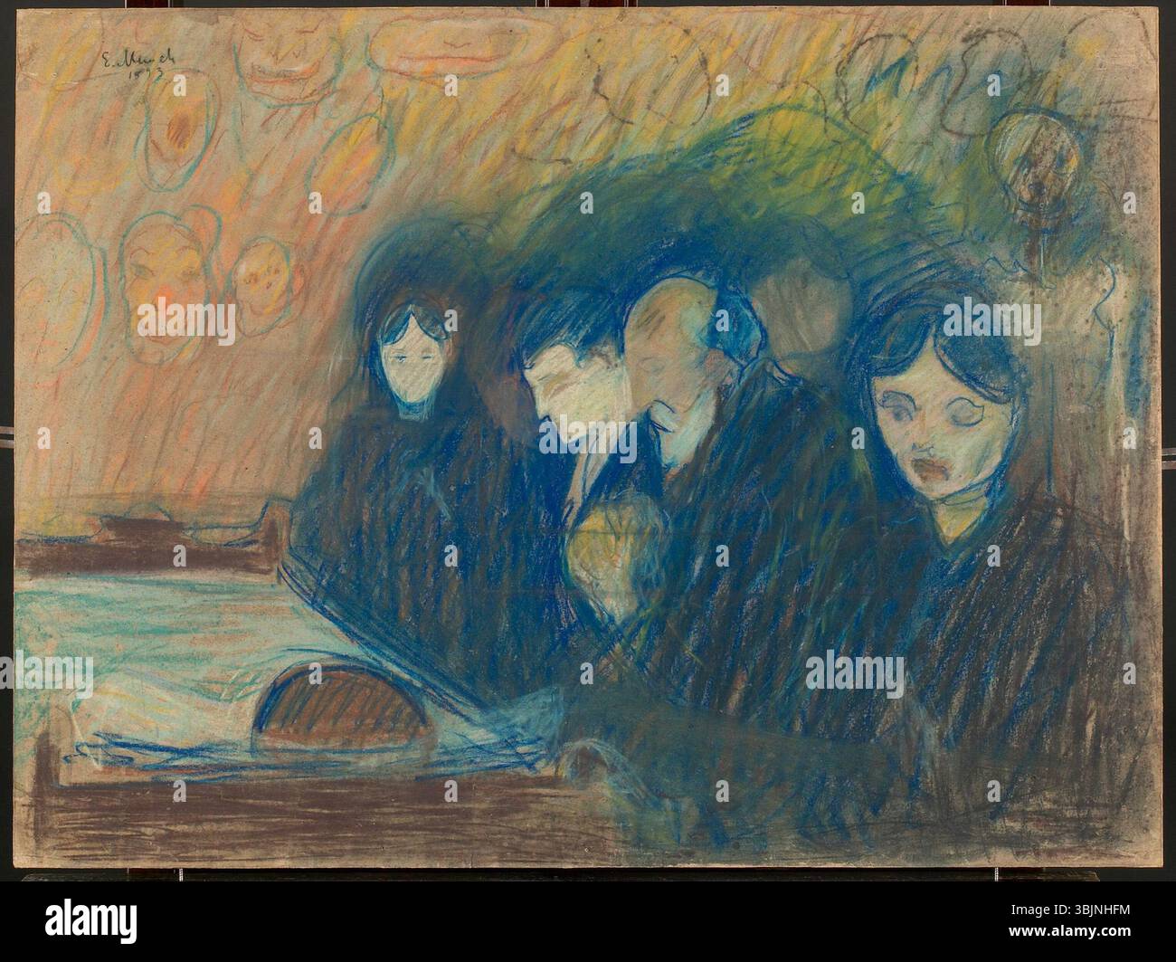 "Am Sterbebett. Fever’ von Edvard Munch (1863–1944) 1893 ist eine Pastellzeichnung an Bord. Es zeigt die letzten Momente des Lebens einer Person, in denen die Figur im Fieber liegt, was Munchs Fokus auf Mortalität und Krankheit widerspiegelt. Stockfoto