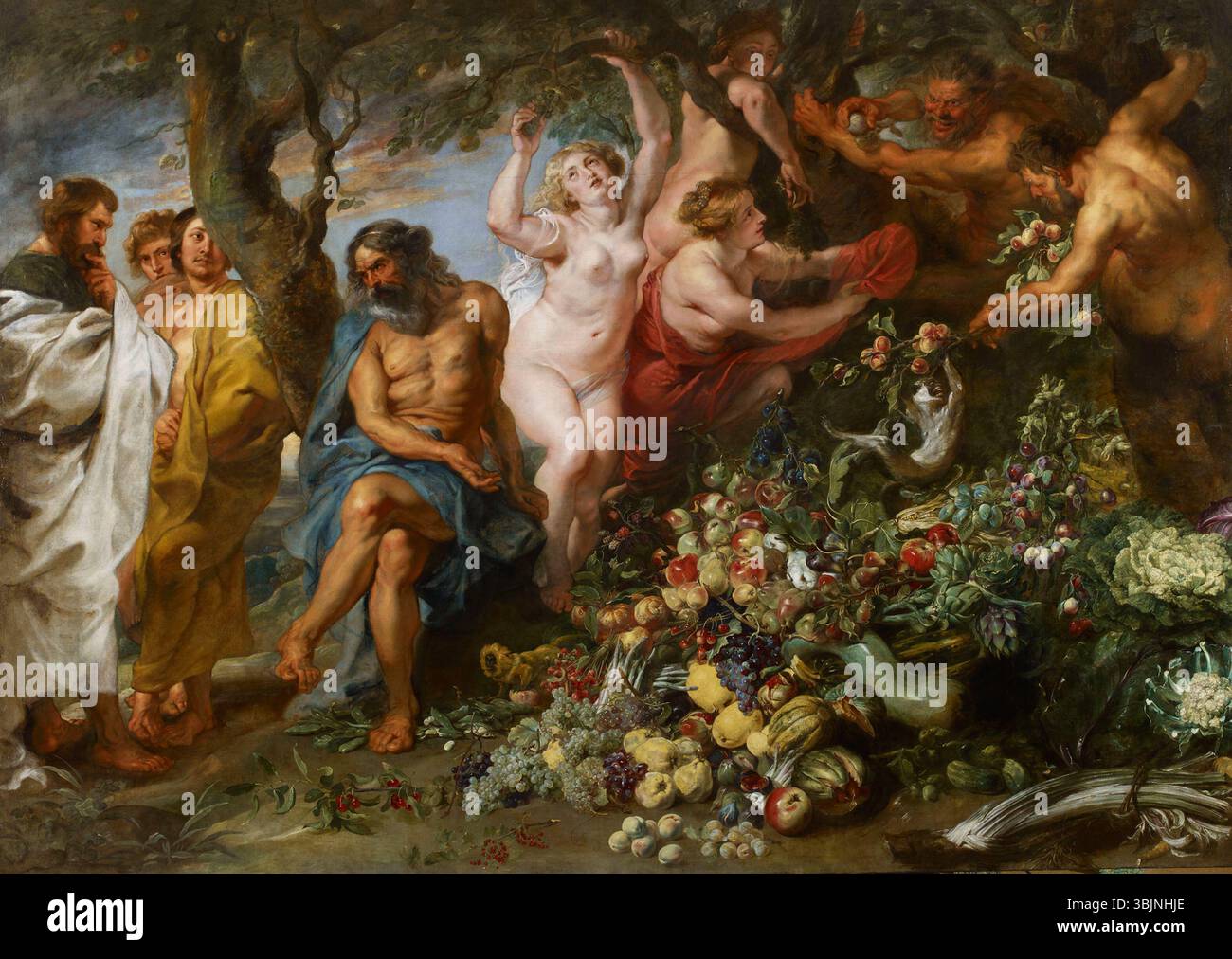 Dieses Gemälde von Sir Peter Paul Rubens und Frans Snyders (um 1618–1630) zeigt Pythagoras, die sich für Vegetarismus einsetzen. Das Öl auf Leinwand veranschaulicht den Glauben des Philosophen an die ethische Behandlung von Tieren und die Vorteile eines pflanzlichen Lebens. Stockfoto