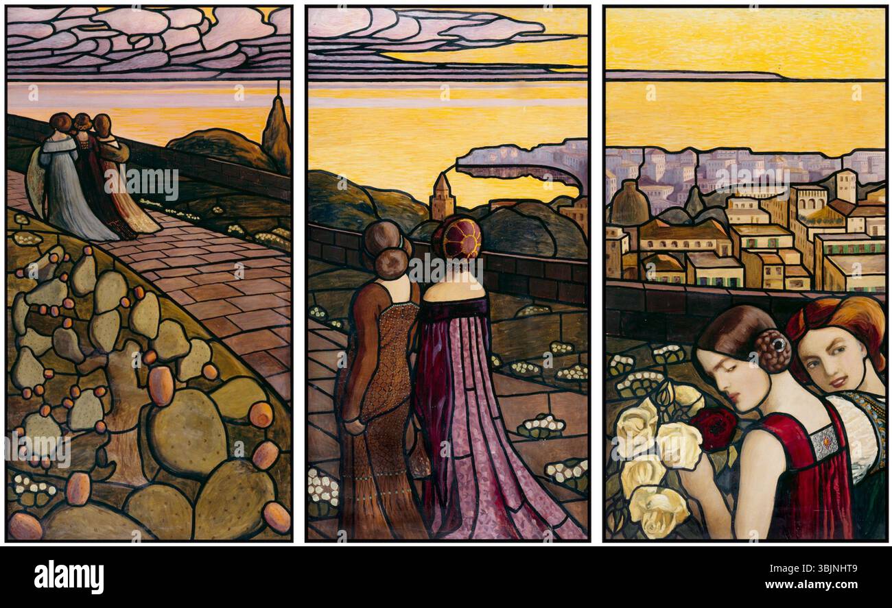 Olga Gummerus-Ehrströms Skizzen für Haus Molchow Buntglas, die um 1906 entstanden sind, spiegeln ihren einzigartigen Ansatz in Design und dekorativer Kunst wider. Stockfoto