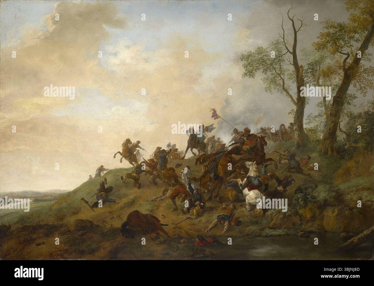 Philips Wouwermans Ölgemälde „Ein Skirmish der Kavallerie“ aus dem Jahr 1646 zeigt eine kleine Schlachtszene mit berittenen Soldaten, die typisch für das Goldene Zeitalter der Niederlande Mitte des 17. Jahrhunderts ist. Stockfoto