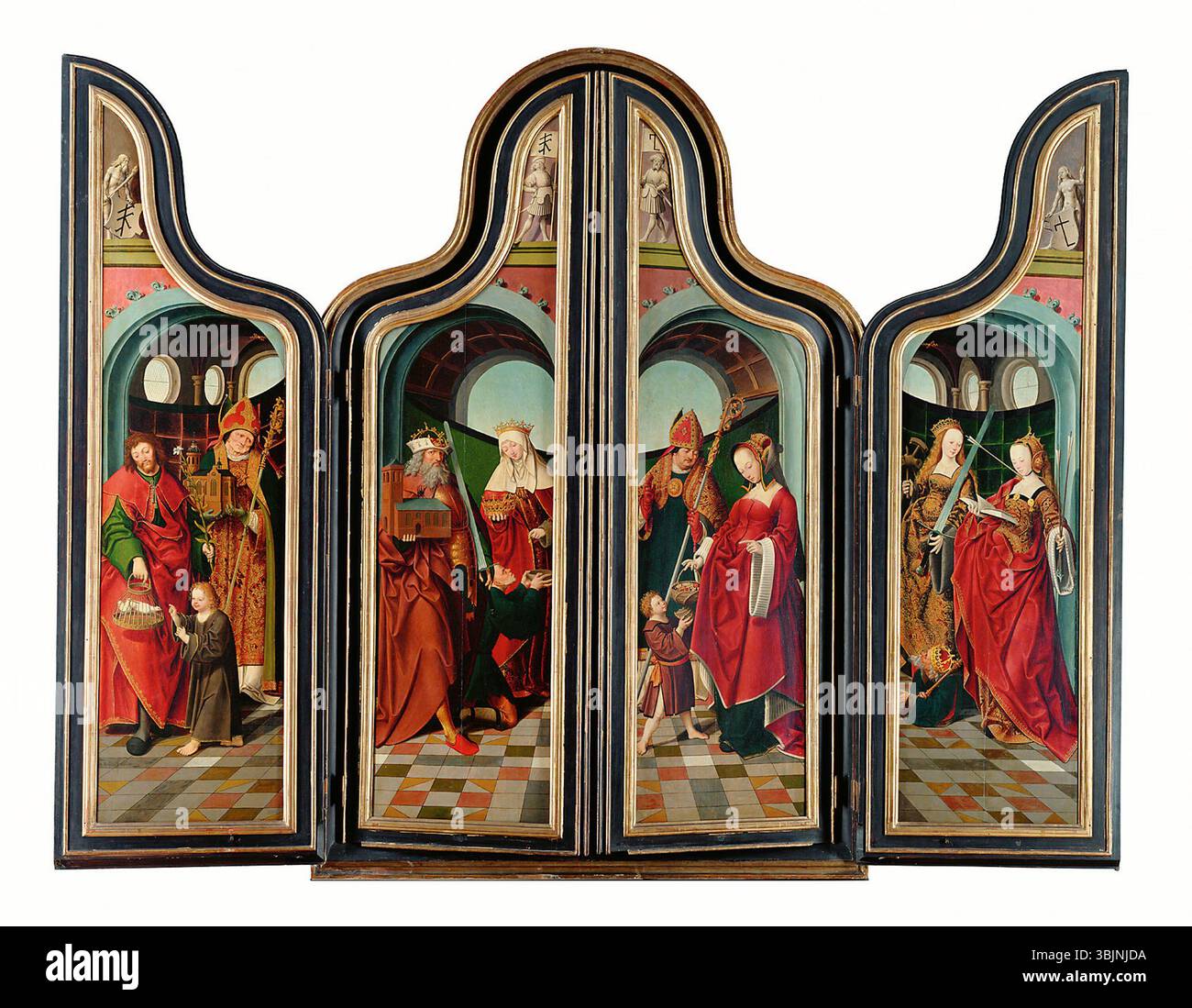 Jacob Cornelisz van Oostsanens „Hieronymusaltar“ (1511) ist ein Altaraufsatz, der den Heiligen Jerome in seiner Studie darstellt, ein wichtiges religiöses Thema in der Kunst der Nördlichen Renaissance. Das Gemälde fängt komplizierte religiöse Symbolik und detailgetreue Handwerkskunst ein. Stockfoto