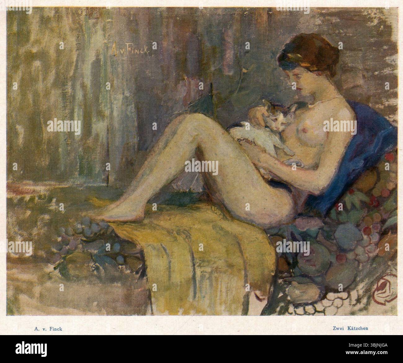 Zwei Kätzchen (zwei Kätzchen) von Adele von Finck (1879–1943) ist eine Illustration aus der 1924 erschienenen Ausgabe der Junggeselle. Das Werk zeigt zwei verspielte Kätzchen mit weichen Texturen und lebendigen Ausdrücken. Stockfoto