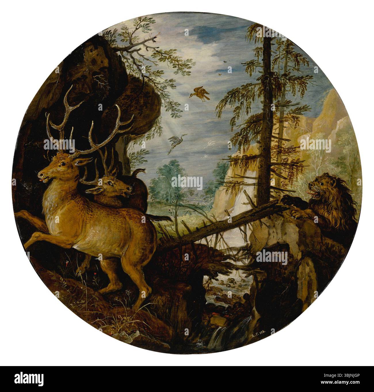 Roelant Savery (1576–1639) malte „Einen Löwen auf der Jagd nach zwei Hirschen“ mit Öl auf die Platte. Das Werk zeigt einen räuberischen Löwen, der zwei Hirsche in einer natürlichen Landschaft angreift. Stockfoto