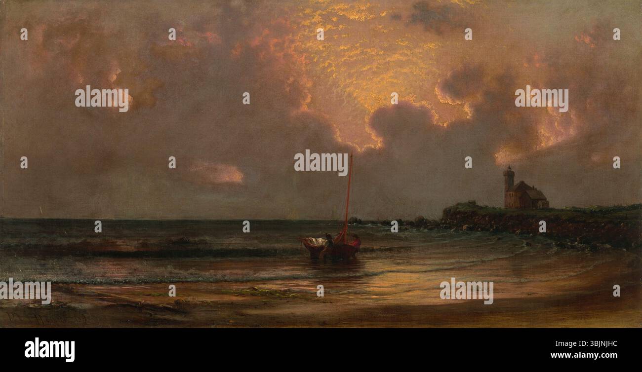 „Sunset at Point Judith Light“ von Martin Johnson Heade, gemalt 1869, fängt eine dramatische und stimmungsvolle Küstenszene ein. Das Öl auf Leinwand zeigt den Übergang von Tageslicht zu Dämmerung, wobei der Point Judith Lighthouse als zentrales Element vor einem lebendigen Himmel und Ozean dient. Stockfoto
