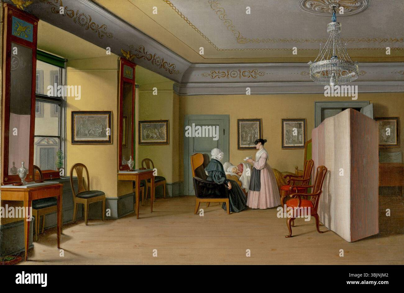 Carl Sigismund Walther (1783–1866) malte 1841 „Szene im Bluhm-Haus in Reval“. Dieses Öl-auf-Leinwand-Werk zeigt eine Inneneinrichtung in der Stadt Reval, die Möbel und das tägliche Leben aus dem 19. Jahrhundert zeigt. Stockfoto