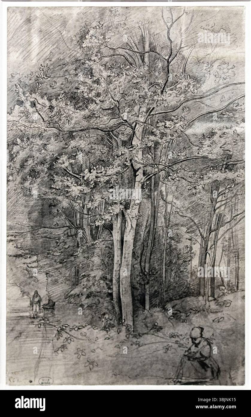 Jean-Baptiste Camille Corots „Etude en forêt de Compiègne“ (19. Jahrhundert) ist ein Landschaftsgemälde, das den Wald von Compiègne einfängt. Die Arbeit konzentriert sich auf die natürliche Schönheit des Waldes, mit Schwerpunkt auf Licht und Atmosphäre. Stockfoto
