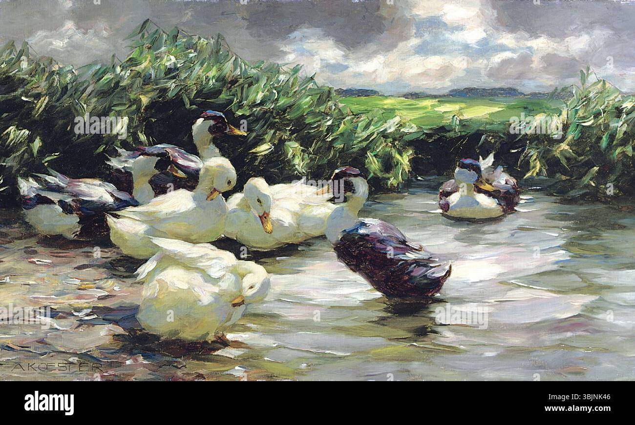 Alexander Koesters *Ducks on Green Water* zeigt eine ruhige Szene mit Enten, die auf einem Wasser schwimmen, das von Algen oder Reflexen grün gefärbt ist. Die vom deutschen Künstler gemalte Szene fängt einen ruhigen Moment in der Natur ein. Stockfoto