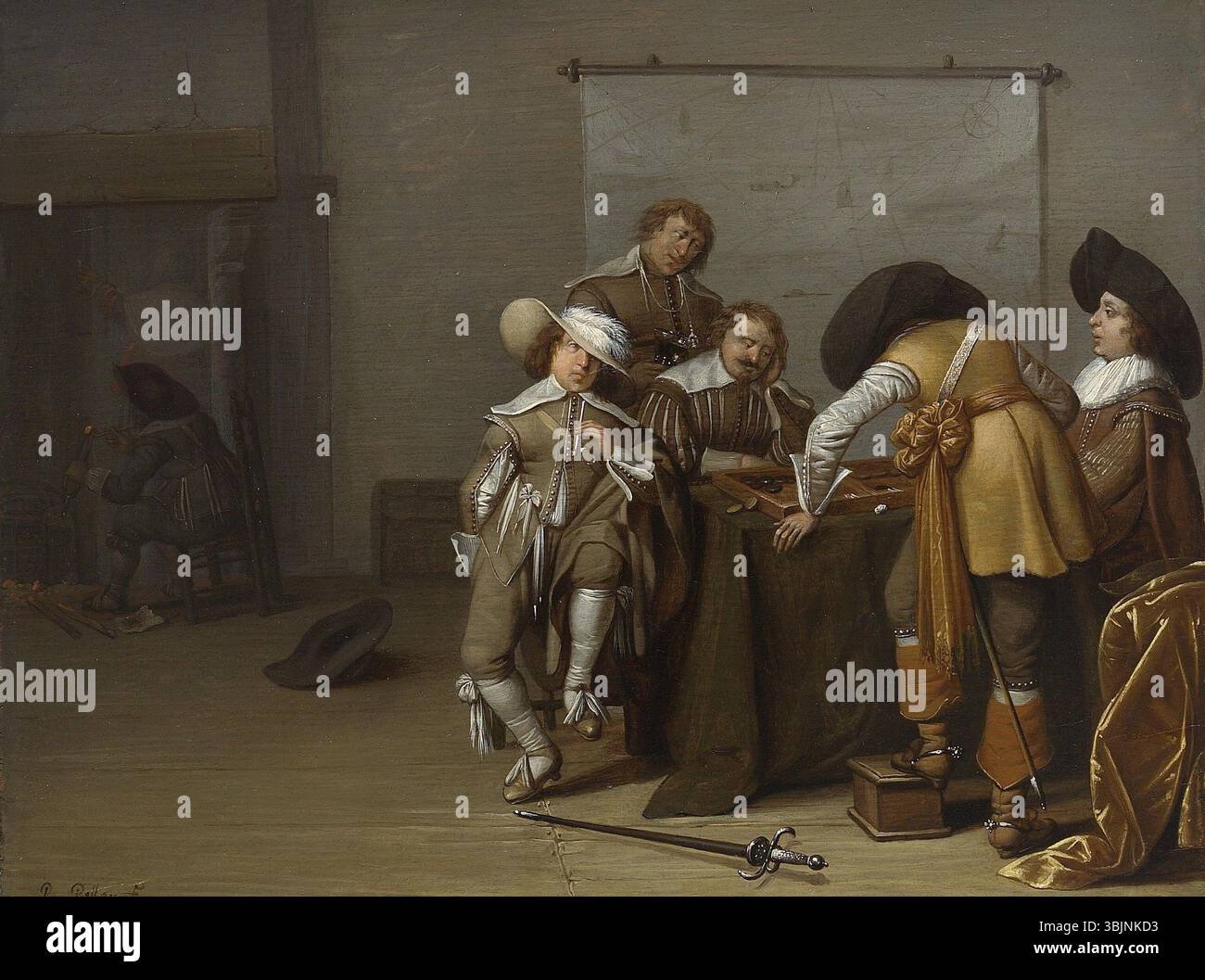 Triktrak spelende Soldaten in een Wachtlokaal von Pieter Symonsz. Potter, gemalt um 1630, zeigt Soldaten, die Backgammon in einem Innenraum spielen. Das Öl auf der Tafel betont die Interaktion der Figuren und der Details des Raumes. Stockfoto