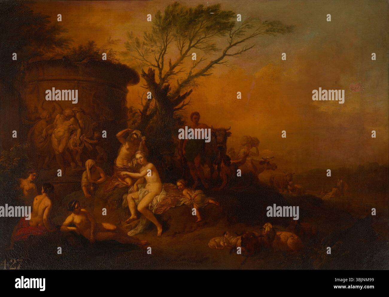 „Nymphen baden“ von Christian Wilhelm Ernst Dietrich ist ein Ölgemälde, das zwischen 1730 und 1774 entstanden ist. Es ist in der Royal Collection untergebracht und zeigt eine ruhige Szene von Nymphen, die in einer natürlichen Umgebung baden. Stockfoto