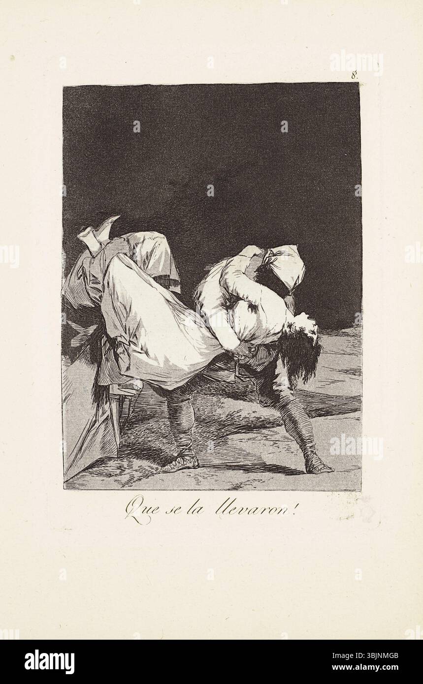 "Sie Haben Sie Weggetragen!" (Que se la llevaron!) Ist Platte 8 aus Francisco Goyas „Los Caprichos“ (1799). Diese Ätzung mit brüniertem Aquatint, Trockenspitze und Gravurtechniken zeigt eine dramatische Szene menschlicher Torheit. Das Werk kritisiert soziale und moralische Fragen der Zeit mit einem starken Kontrast zwischen Zahlen und Hintergründen. Stockfoto