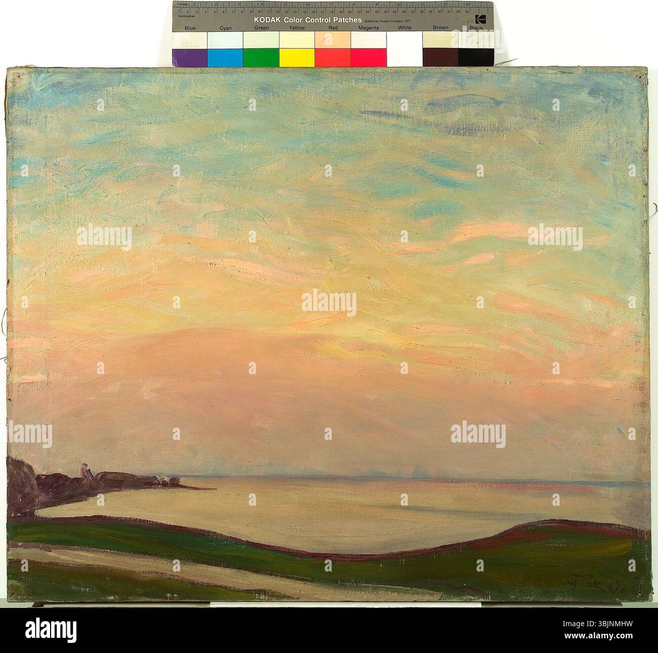 1937 Ölgemälde auf Leinwand „Meri (Leetse Rand õhtul)“ von Nikolai Triik, die eine Küstenszene am Strand von Leetse während der Abendstunden darstellt. Stockfoto