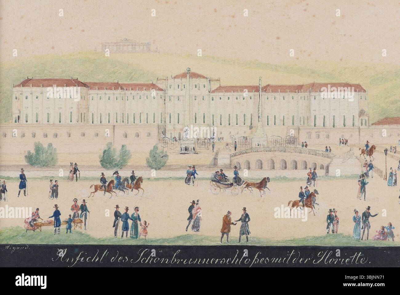 Balthasar Wigands Aquarell „Ansicht des Schönbrunnerschloßes mit der Gloriette“ zeigt Schloss Schönbrunn in Wien mit der Gloriette im Hintergrund. Dieses auf Papier gemalte Werk fängt die Pracht des Palastes ein. Stockfoto