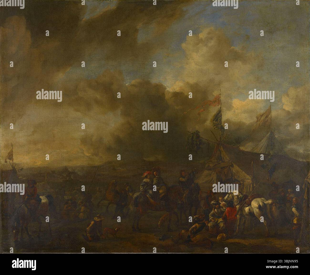 Philips Wouwermans „Soldiers Before a Sutler’s Booth“ zeigt Soldaten, die vor einem Stand ruhen und interagieren. Das Öl auf Leinwand fängt den Alltag der Soldaten im 17. Jahrhundert ein. Stockfoto