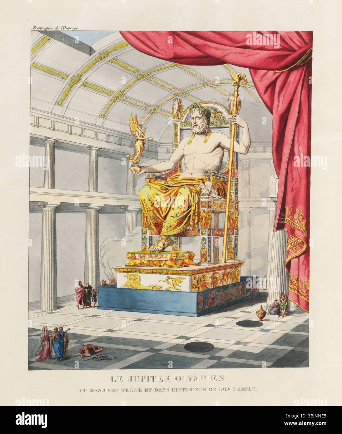 Der Text von Quatremère de Quincy aus dem Jahr 1814 beschreibt die berühmte Statue des Zeus in Olympia, die von dem Bildhauer Phidias geschaffen wurde. Diese monumentale Statue aus Gold und Elfenbein war 12 Meter hoch und mit Gemälden und Edelsteinen geschmückt, was eine bedeutende Leistung in der antiken griechischen Skulptur darstellt. Stockfoto