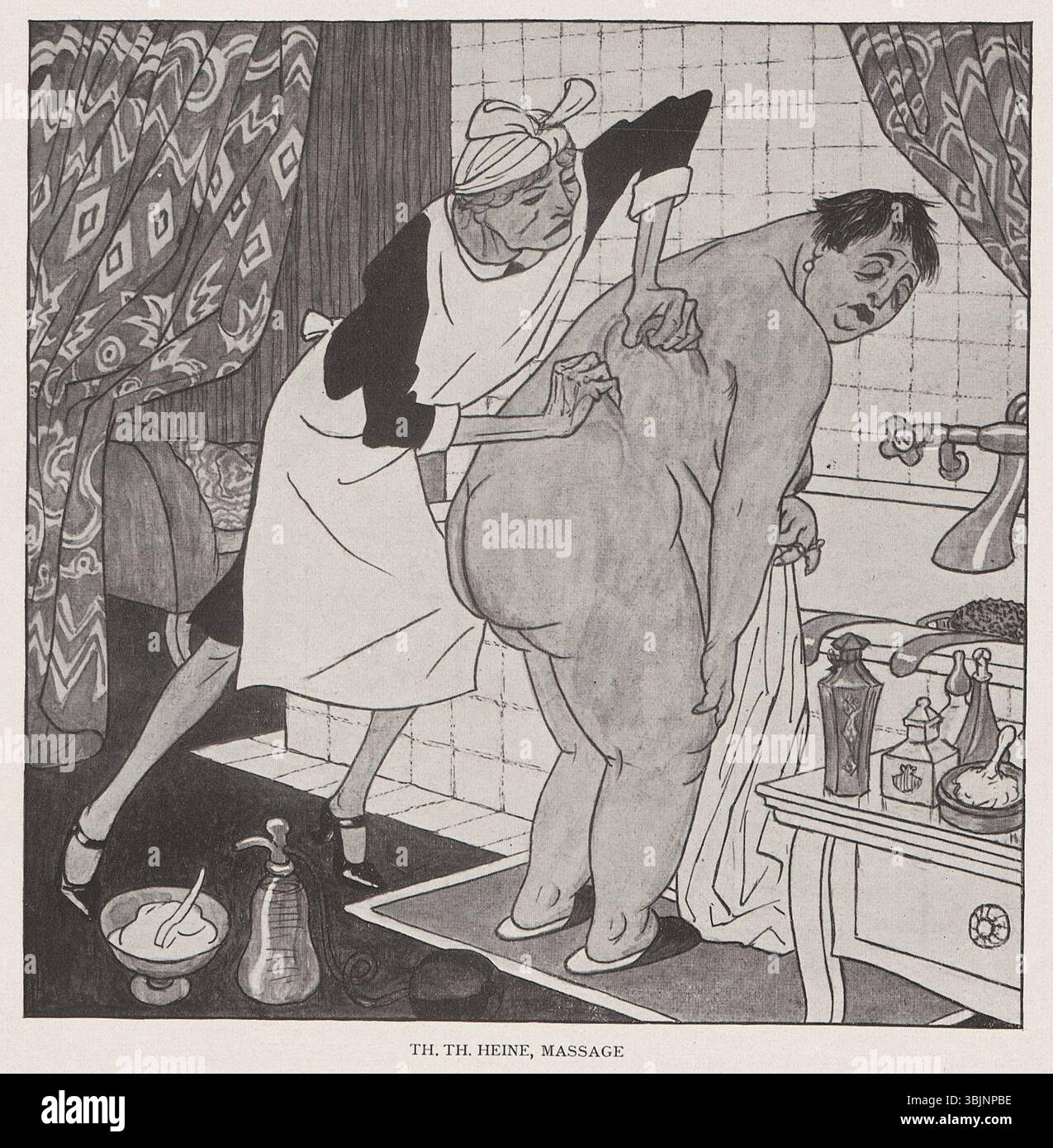 „Massage“ von Thomas Theodor Heine, um 1930, zeigt eine humorvolle und satirische Szene einer Massage. Das Ölgemälde zeigt Heines Fähigkeit, soziale Kommentare mit Humor zu verbinden. Stockfoto