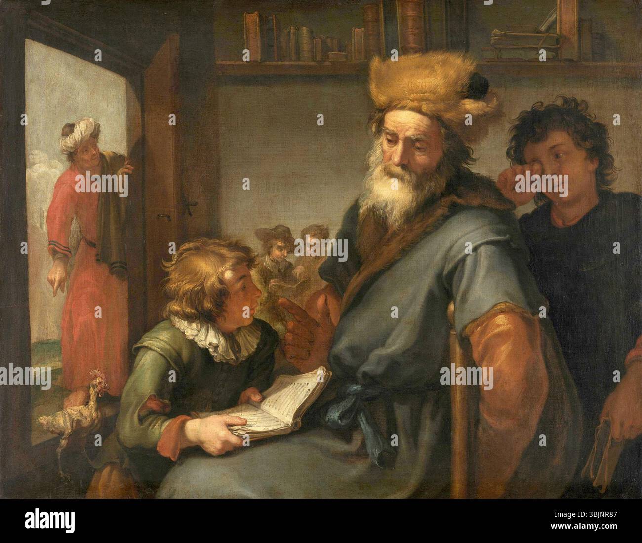 Hendrick Bloemaerts Gemälde von 1625-1630, „Platon Spocked by Diogenes“, zeigt die berühmte philosophische Begegnung zwischen Platon und Diogenes und zeigt den Zusammenprall philosophischer Ideologien in einer visuellen Darstellung des antiken Denkens. Stockfoto