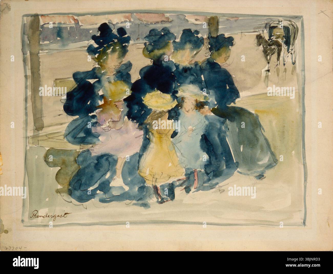 In der Albright-Knox Art Gallery Fine Art Collection ist eine meistzugängliche Reproduktion eines Kunstwerks in Publikationsqualität erhältlich. Das Bild ist nicht Eigentum der Albright-Knox Art Gallery. Für die Verwendung muss die Erlaubnis des ursprünglichen Erstellers eingeholt werden. Bei Fragen wenden Sie sich bitte an die Abteilung für digitale Medien in der Albright-Knox Art Gallery. Maurice Brazil Prendergast American, geboren in Kanada, 1858-1924 entlang des Boulevards, ca. 1894 Aquarell und Bleistift auf Papier Blatt: 9 1/8 x 12 1/8 Zoll (23,18 x 30,8 cm) Collection Albright-Knox Art Gallery, Buffalo, New York Room of Contem Stockfoto