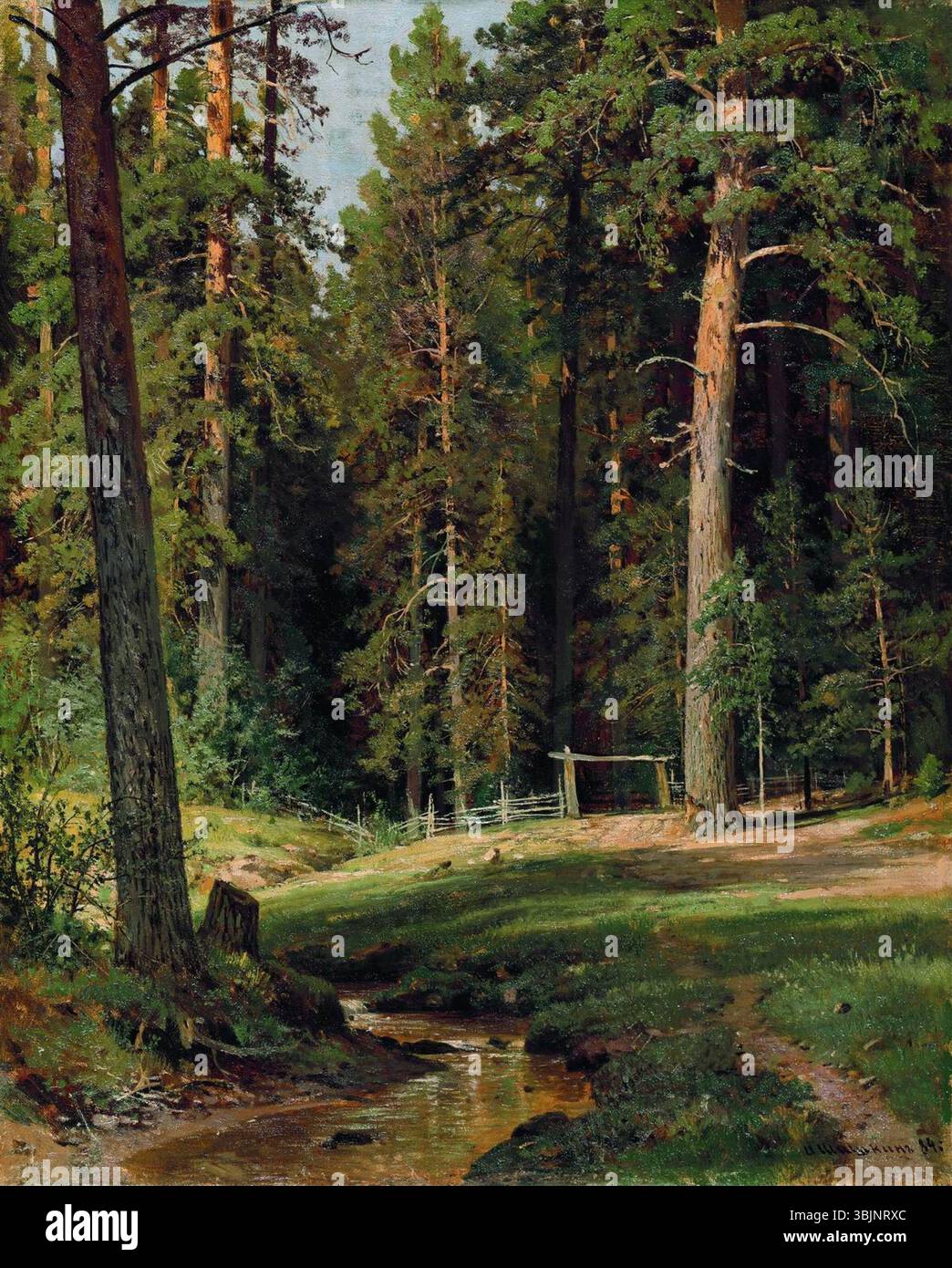 Ölgemälde von Ivan Shishkin aus dem Jahr 1884 mit dem Titel „The Edge of the Forest“, das einen dicht bewaldeten Wald an einer offenen Wiese darstellt. Stockfoto
