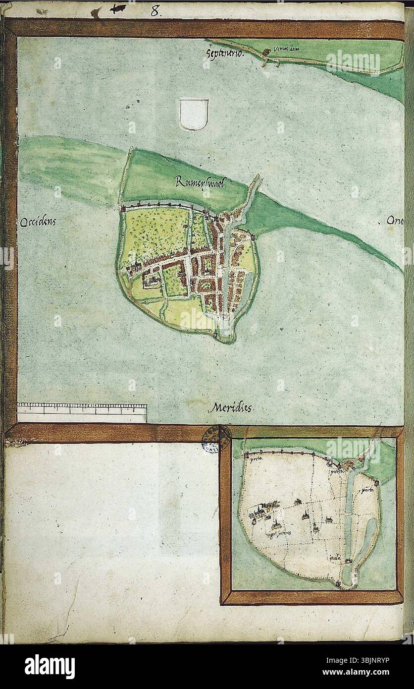 1545 Manuskriptkarte von Jacob van Deventer, die Reymerswale in den Niederlanden zeigt, Teil eines mehrbändigen atlas der Stadtpläne, der in der Spanischen Nationalbibliothek gehalten wird. Stockfoto