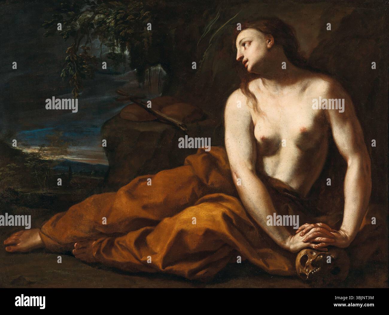 „Maria von Ägypten“ von Francesco Trevisani (1656–1746) ist ein Ölgemälde, das die legendäre Figur der Heiligen Maria von Ägypten darstellt. Das Gemälde fängt ihren Ausdruck von Buße und spiritueller Hingabe ein, typisch für barocke religiöse Kunst. Stockfoto