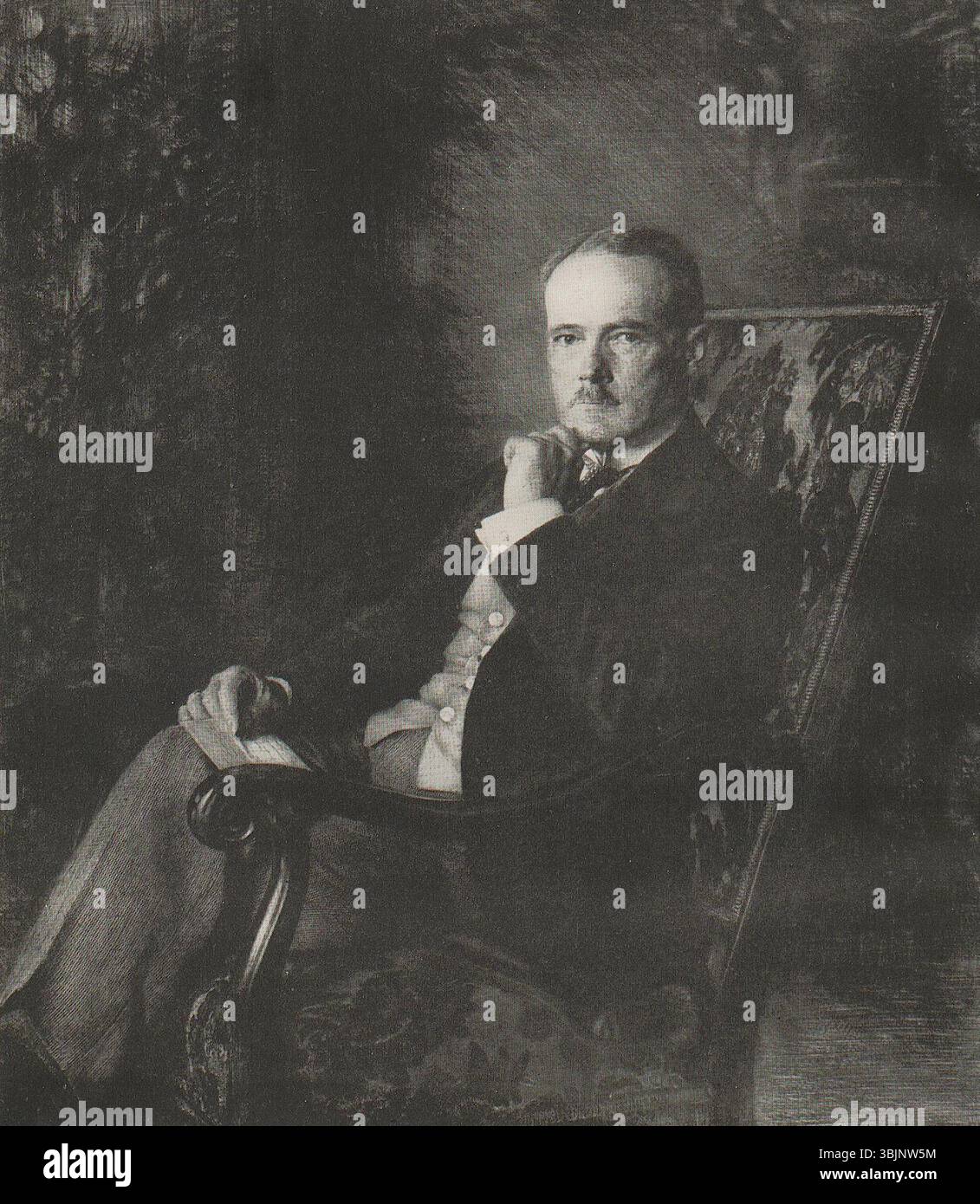 Karl Köppings vor 1914 entstandene Ätzung „Exzellenz Gustav Krupp von Bohlen und Halbach“ zeigt den prominenten deutschen Industriellen Gustav Krupp in einem detaillierten, formalen Porträt. Die Arbeit unterstreicht Köppings Expertise in der Feinliniengravur und Porträtkunst. Stockfoto