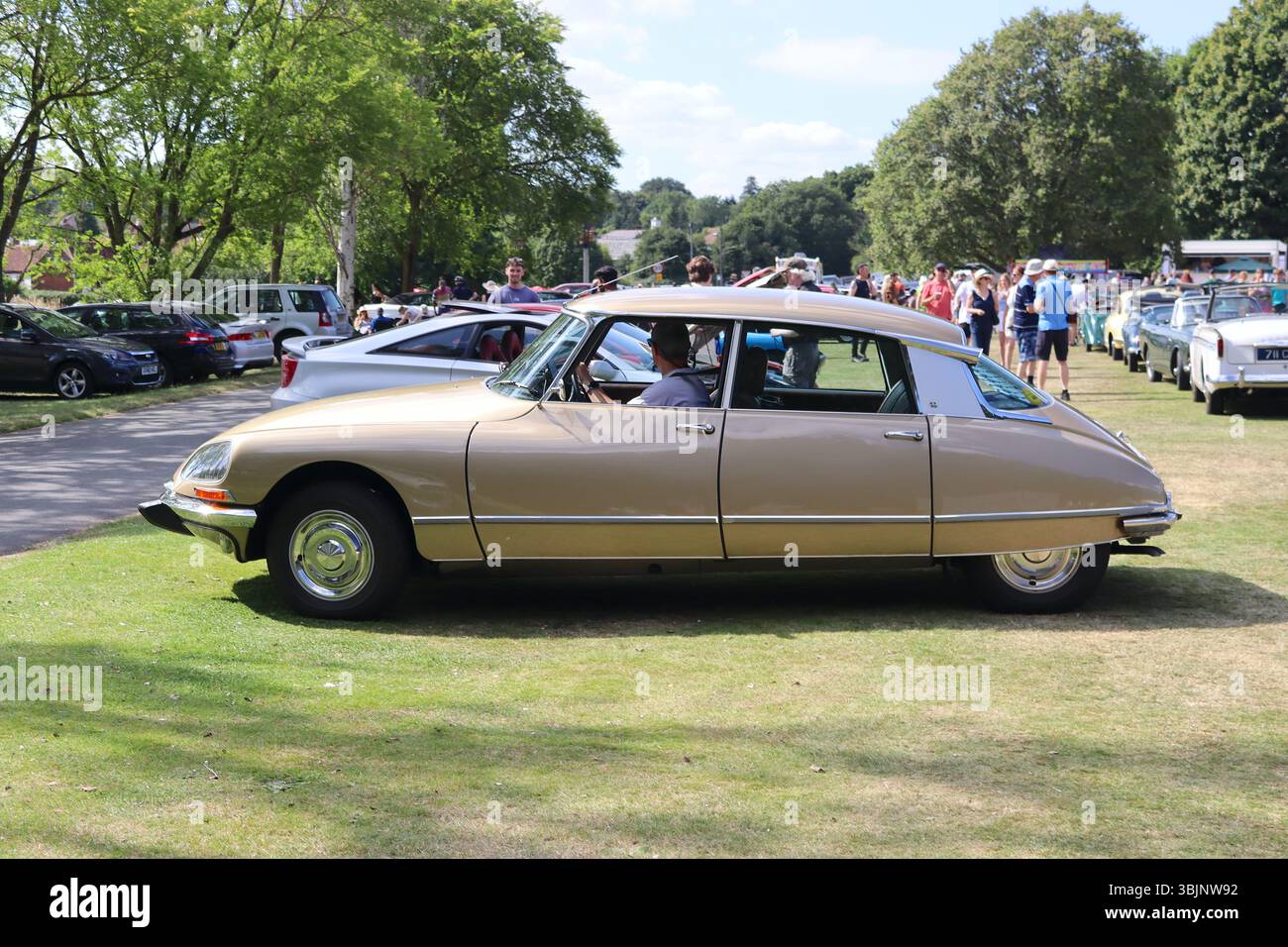 Das schlanke aerodynamische Seitenprofil eines Citroen DS21 Pallas EFI – ein technisches Meisterwerk in Automobildesign und -Technologie. Stockfoto