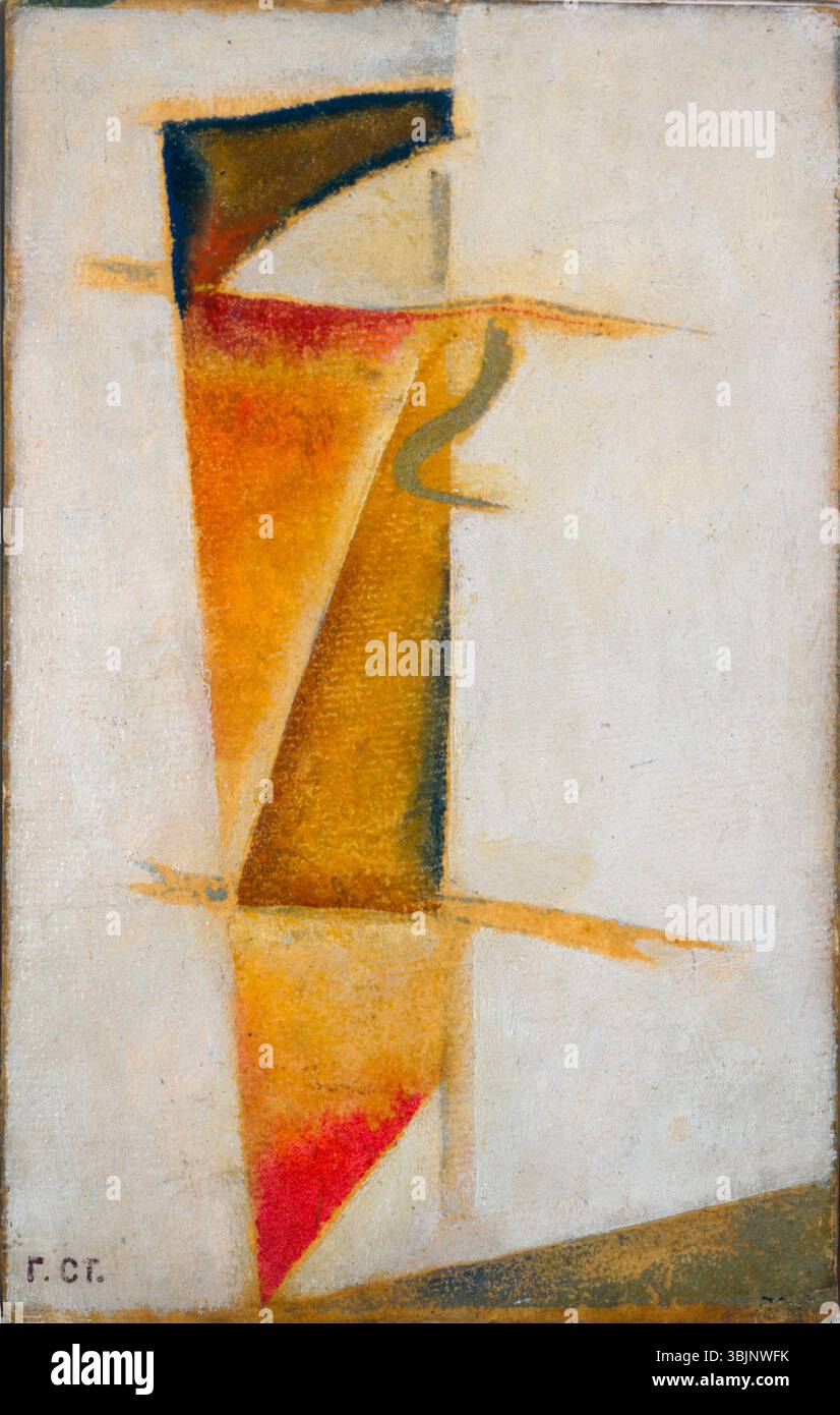 In der Albright-Knox Art Gallery Fine Art Collection ist eine meistzugängliche Reproduktion eines Kunstwerks in Publikationsqualität erhältlich. Das Bild ist nicht Eigentum der Albright-Knox Art Gallery. Für die Verwendung muss die Erlaubnis des ursprünglichen Erstellers eingeholt werden. Bei Fragen wenden Sie sich bitte an die Abteilung für digitale Medien in der Albright-Knox Art Gallery. Georgy Stenberg Russian, 1900-1933 Color-Construction, 1919 Öl- und Metallic-Farbe auf Pappträger: 10 5/8 x 6 3/4 Zoll (26,98 x 17,14 cm) Collection Albright-Knox Art Gallery, Buffalo, New York George B. und Jenny R. Mathews Fund, Stockfoto