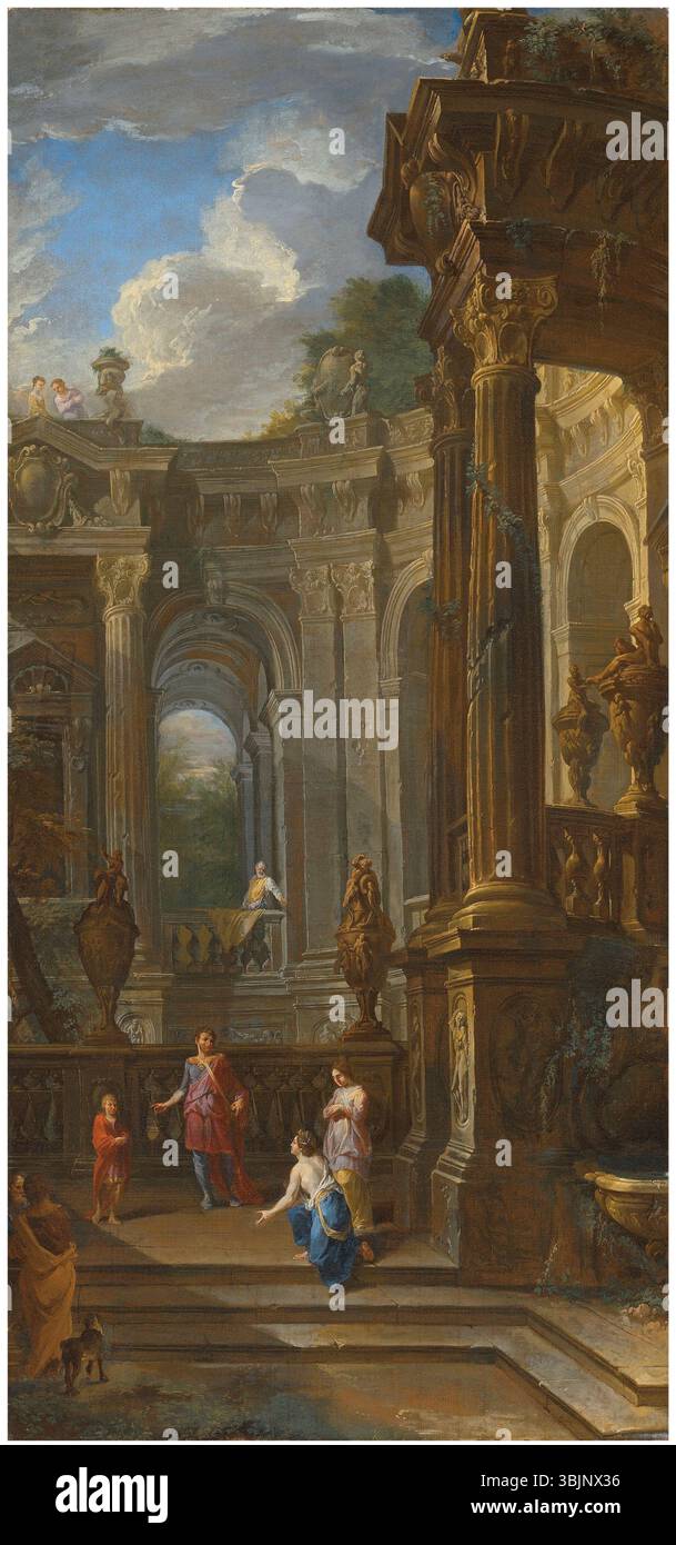 Giovanni Paolo Paninis „ein architektonischer Capriccio mit David, Bathseba und Salomon“ verbindet historische Figuren mit architektonischer Fantasie. Das Ölgemälde aus dem 18. Jahrhundert zeigt Paninis Kunst, Architektur und mythologische Themen in einer harmonischen Komposition zu verbinden. Stockfoto