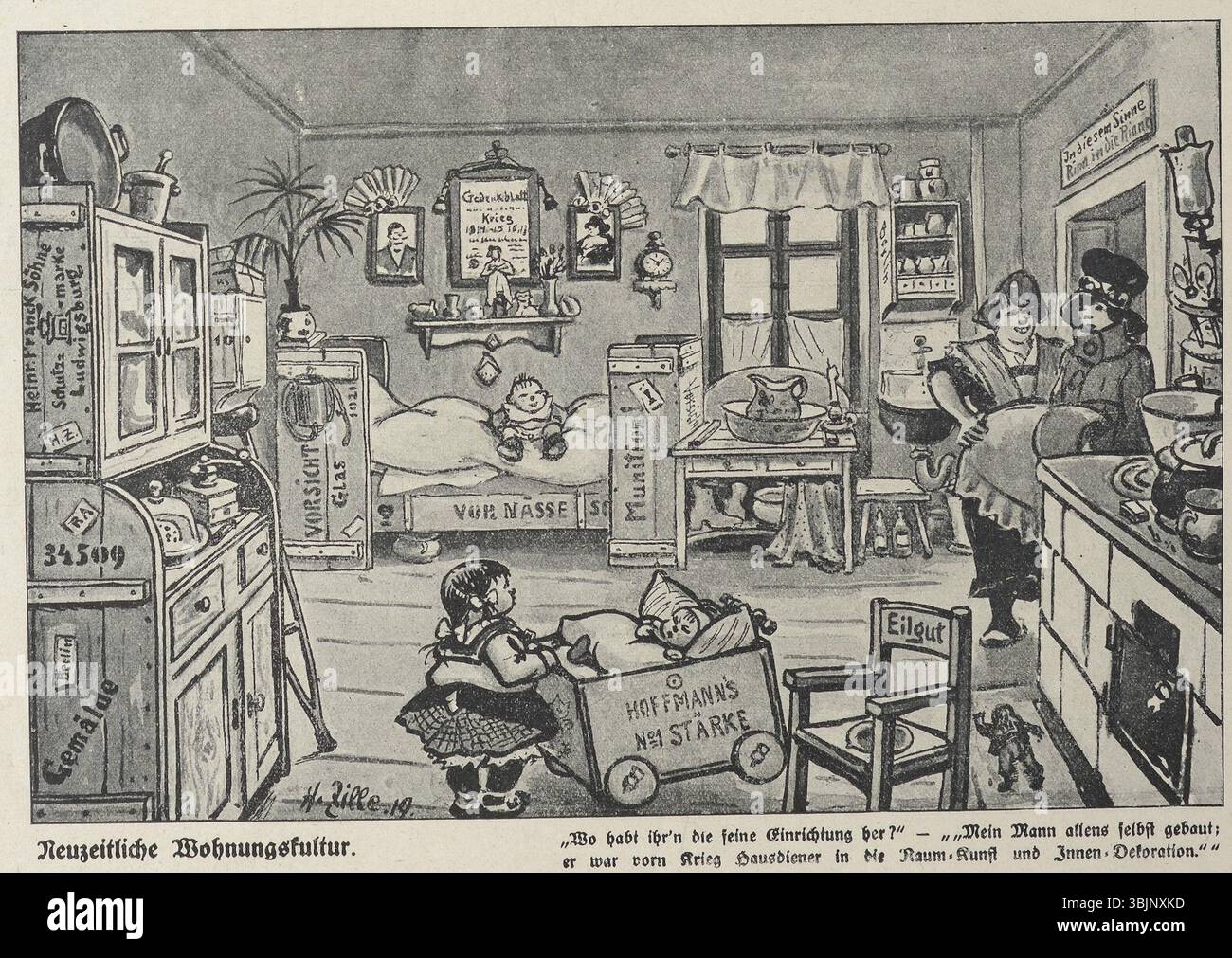 „Neuzeitliche Wohnungskultur“ von Heinrich Zille (1858–1929) vom Februar 1919, veröffentlicht in lustigen Blättern Nr. 7, kritisiert humorvoll die moderne Hauskultur im Nachkriegsdeutschland. Stockfoto