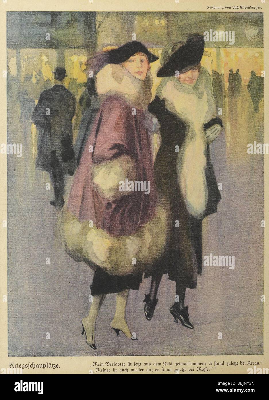 Kriegsschauplätze von Lutz Ehrenberger (1878–1950) aus dem Februar 1919 ist eine satirische Illustration der lustigen Blätter Nr. 5. Es enthält einen Kommentar zu den Szenen des Krieges während dieser Zeit. Stockfoto