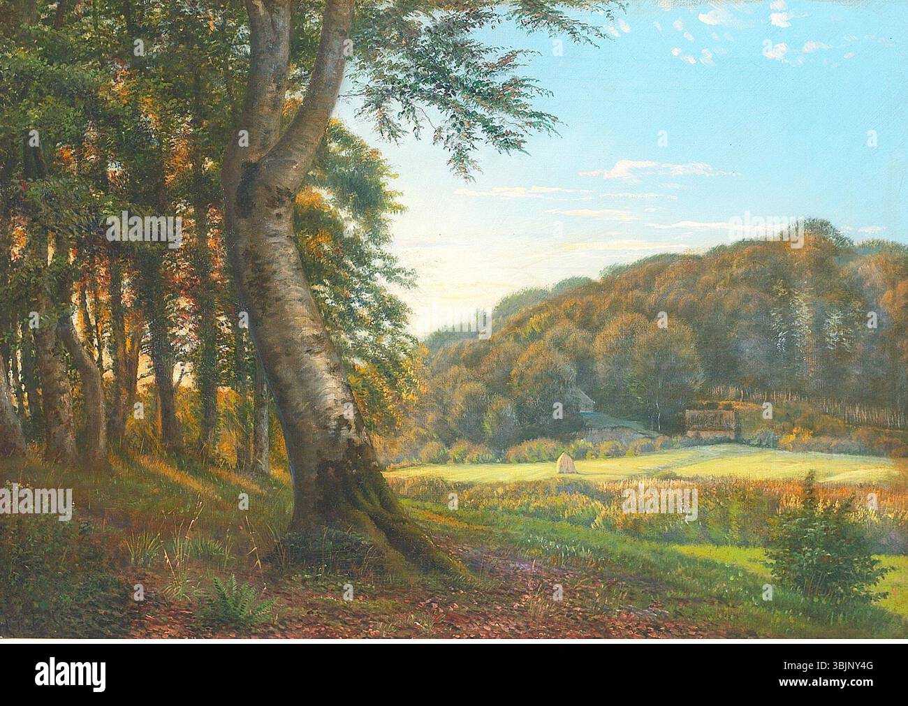 *A Glade in the Woodlands* von Emilius Hoppensach (1860er Jahre) zeigt eine ruhige Waldszene mit einer sonnendurchfluteten Rodung zwischen den Bäumen. Das Gemälde fängt die Schönheit und Stille der Waldlandschaft ein. Stockfoto